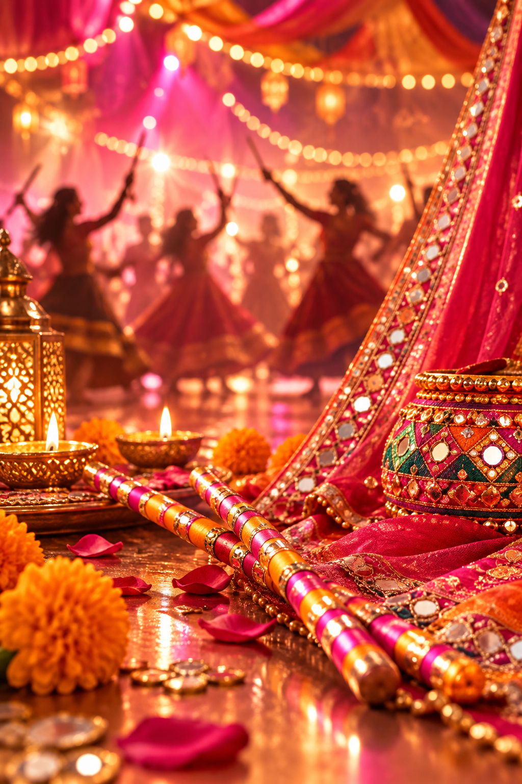 Navratri festive mood with colourful Dandiya sticks, traditional Garba dΓ©cor, diyas and vibrant Indian celebration