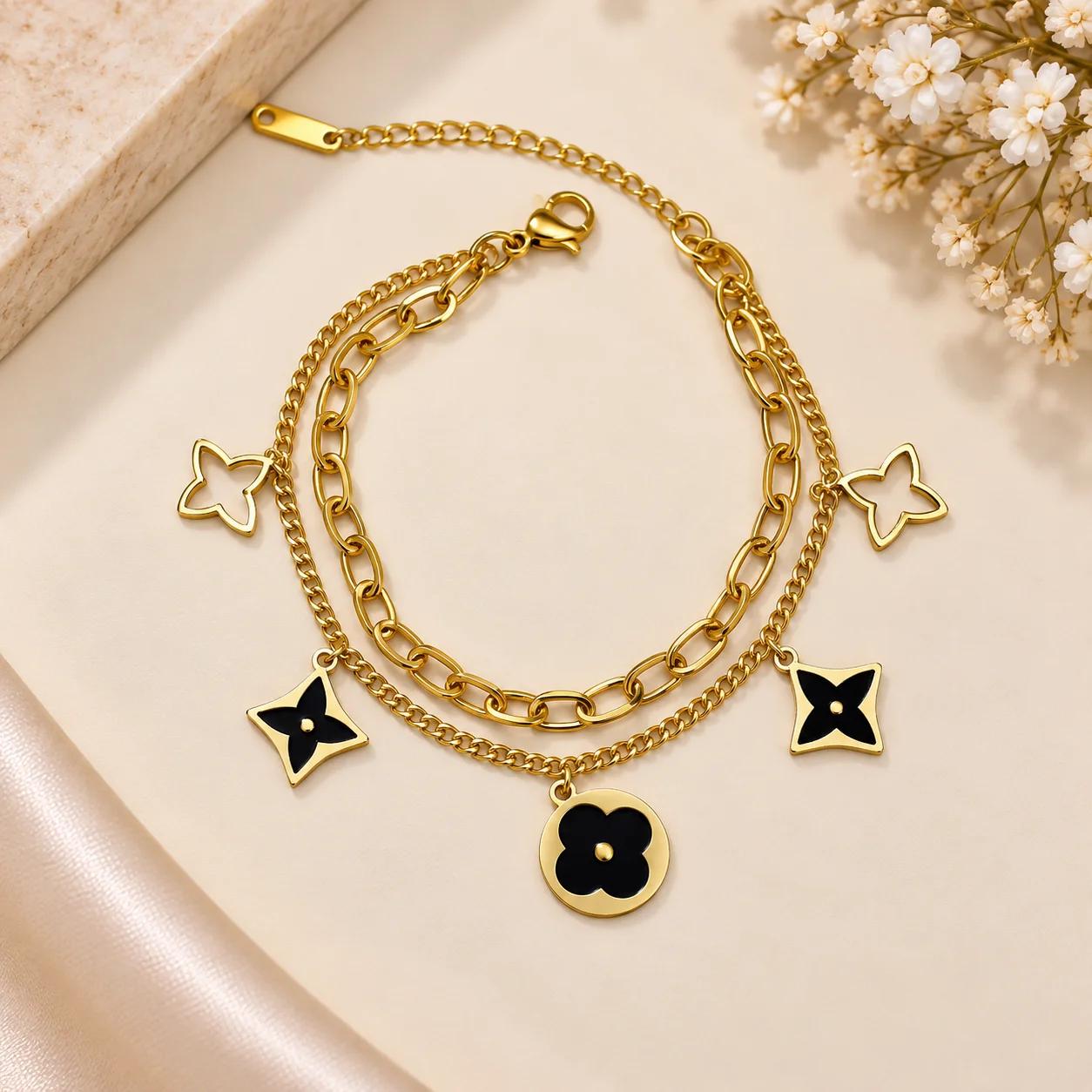 Celeste Noir Bloom & Butterfly Layered Bracelet by Soni De Nakhre