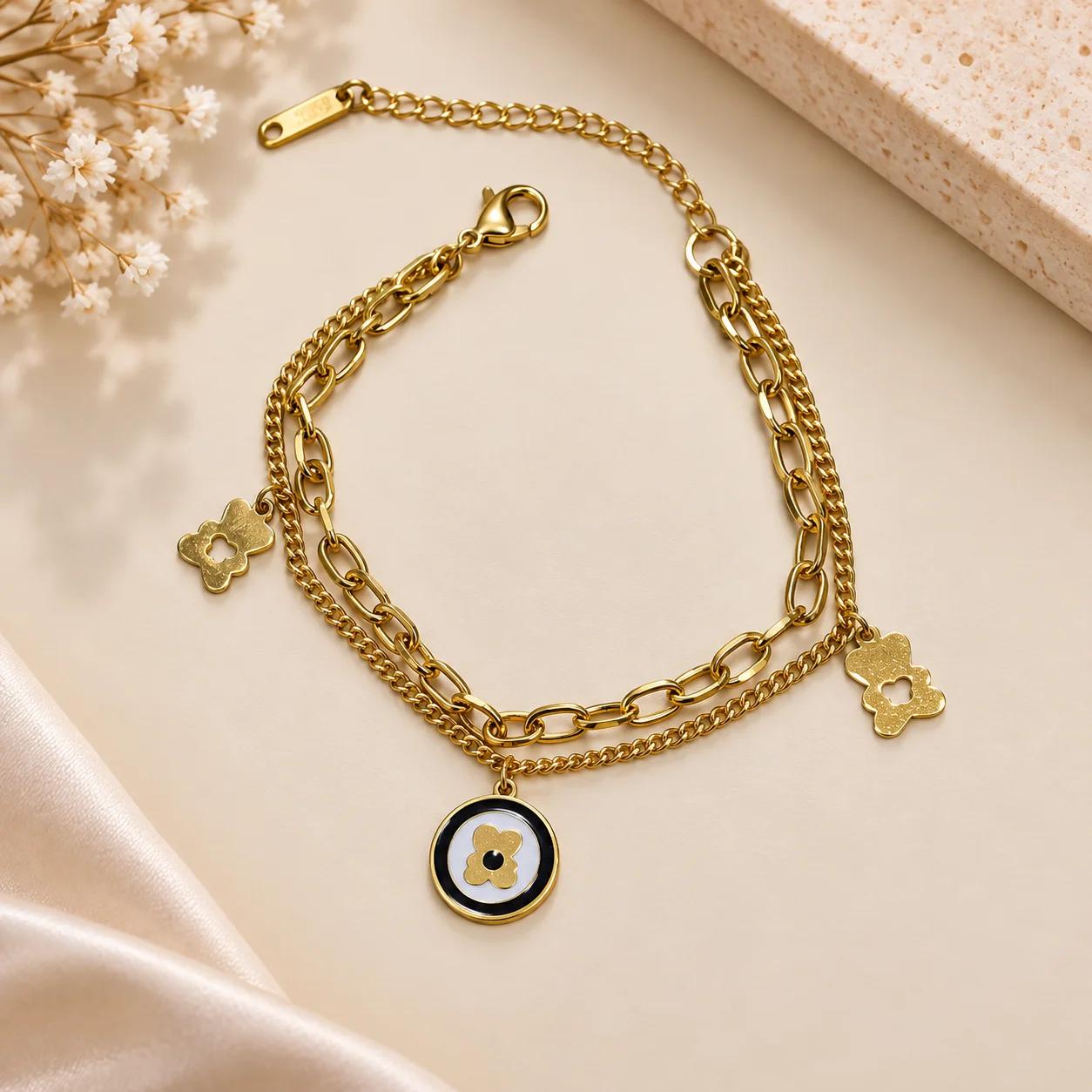 Celeste Noir Bloom Charm Layered Bracelet by Soni De Nakhre