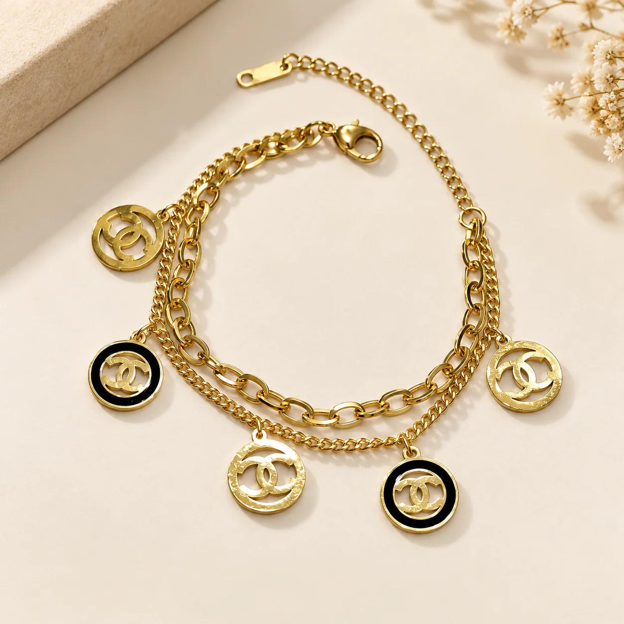 Celeste Noir Double-C Charm Layered Bracelet by Soni De Nakhre