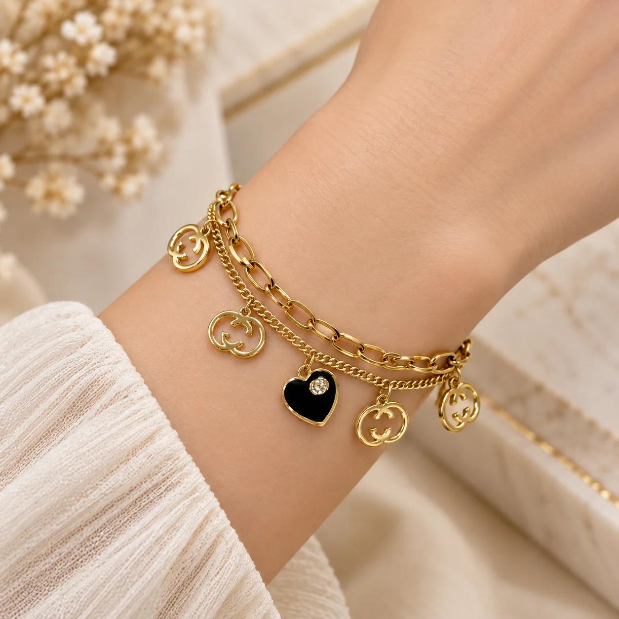 Celeste Noir Heart Charm Layered Bracelet thumbnail 2