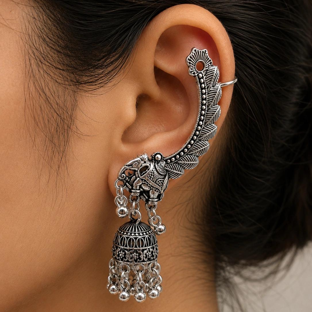Celeste Oxidised Peacock Jhumka Ear Cuffs by Soni De Nakhre β alternate view
