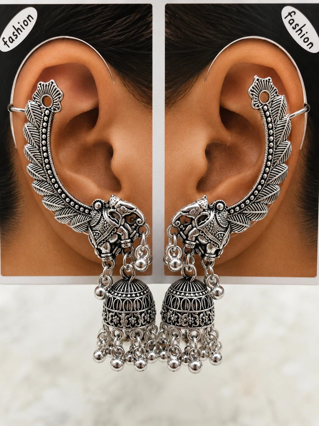 Celeste Oxidised Peacock Jhumka Ear Cuffs by Soni De Nakhre