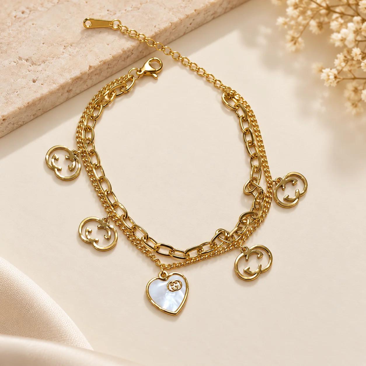 Celeste Pearl Heart Charm Layered Bracelet by Soni De Nakhre