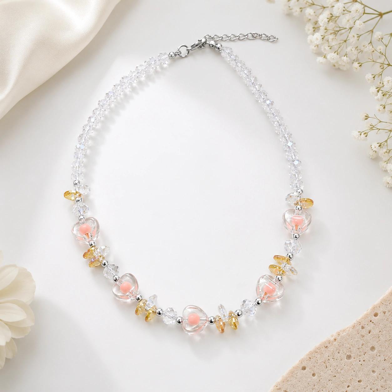Celeste Pink Bloom Crystal Beaded Necklace by Soni De Nakhre