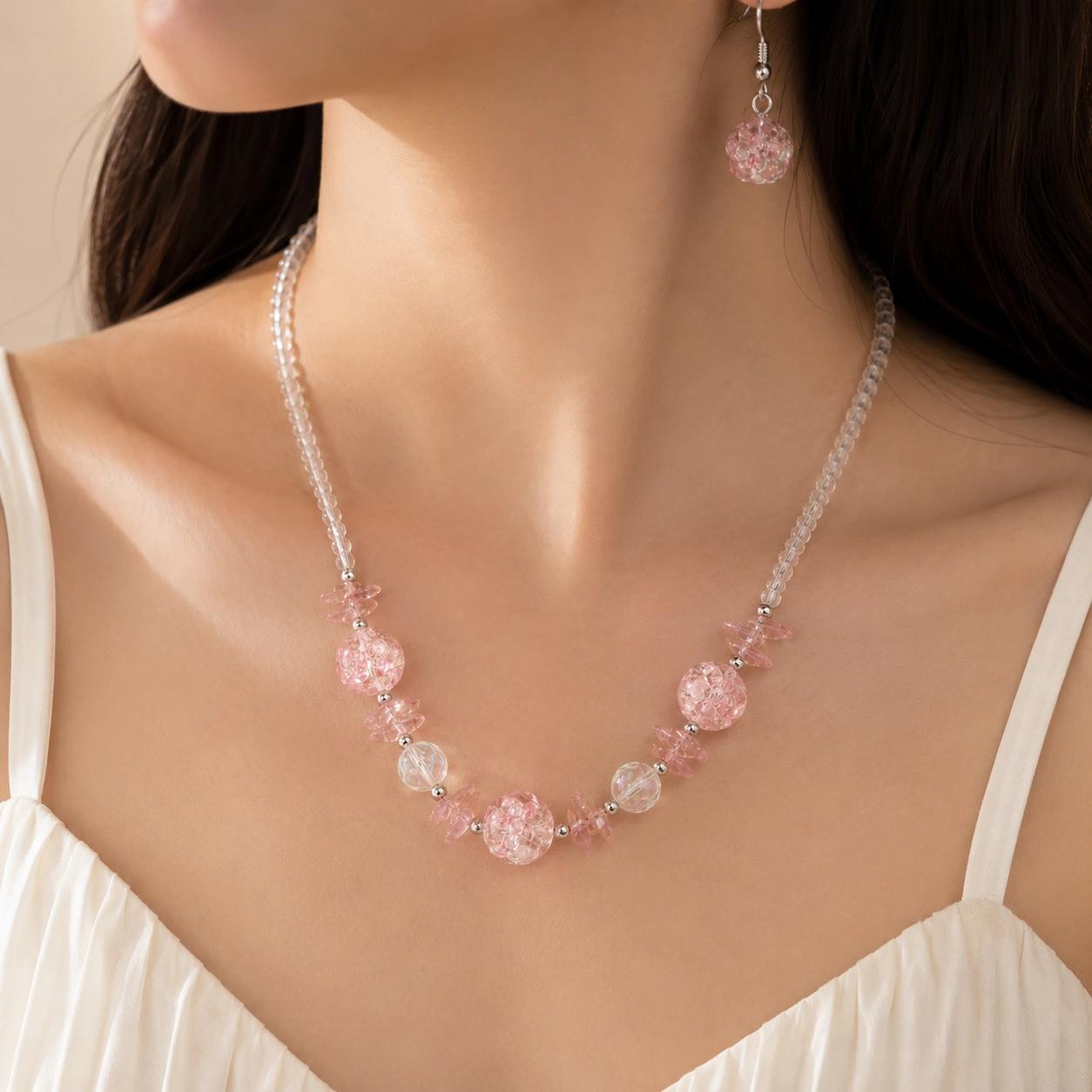 Celeste Pink Blossom Crystal Beaded Necklace & Earrings Set by Soni De Nakhre — alternate view