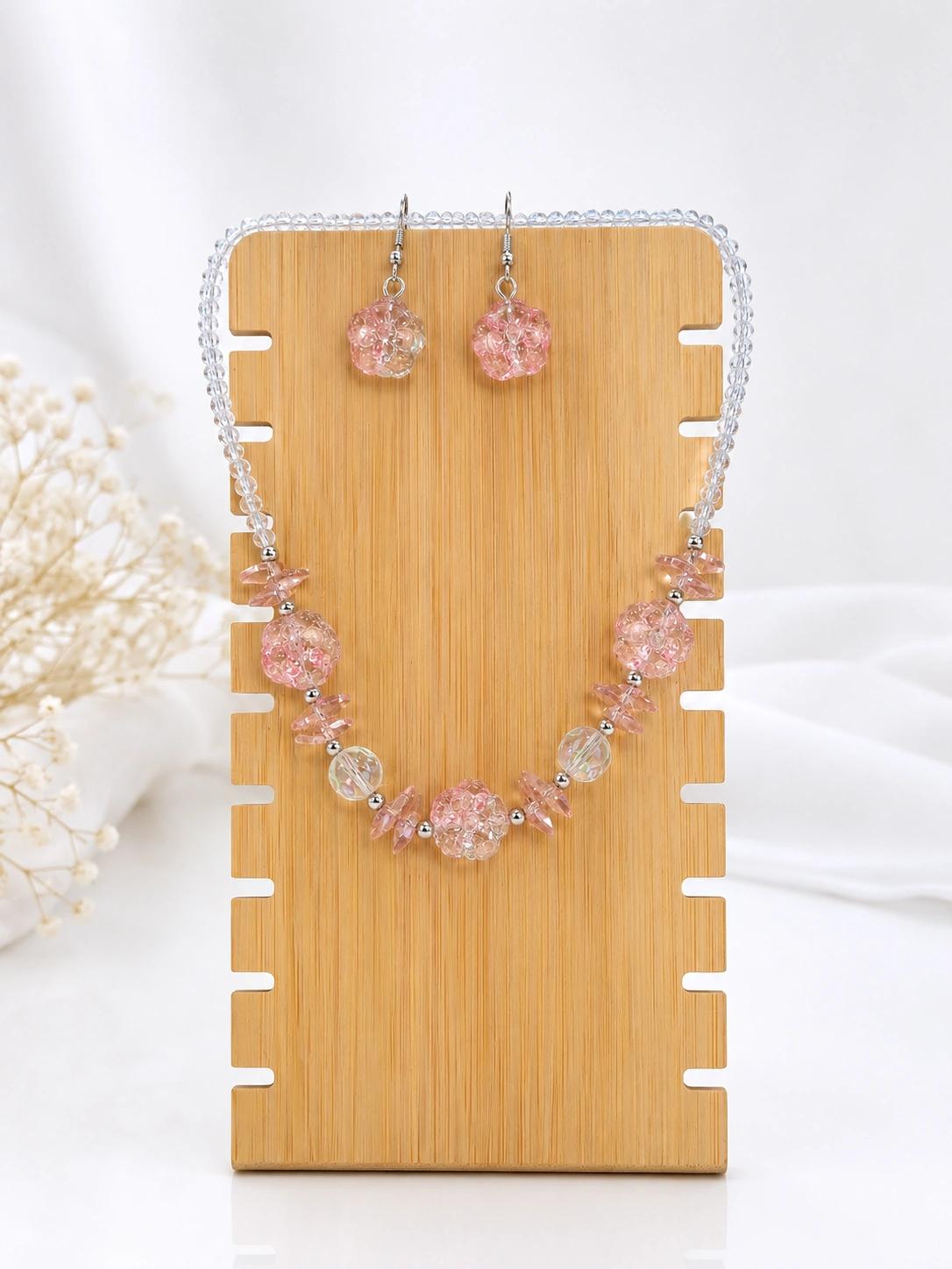 Celeste Pink Blossom Crystal Beaded Necklace & Earrings Set by Soni De Nakhre