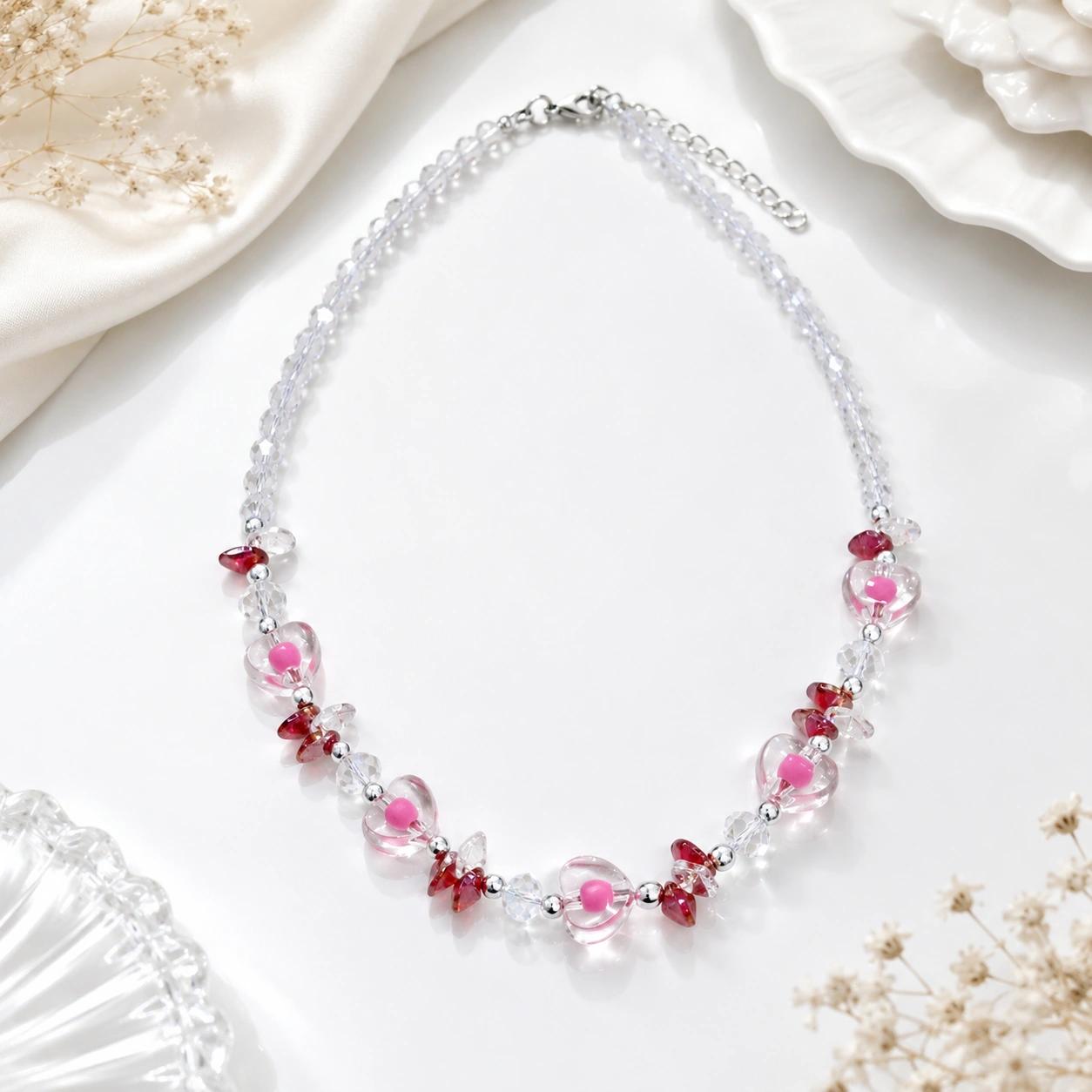 Celeste Pink Heart Crystal Beaded Necklace by Soni De Nakhre