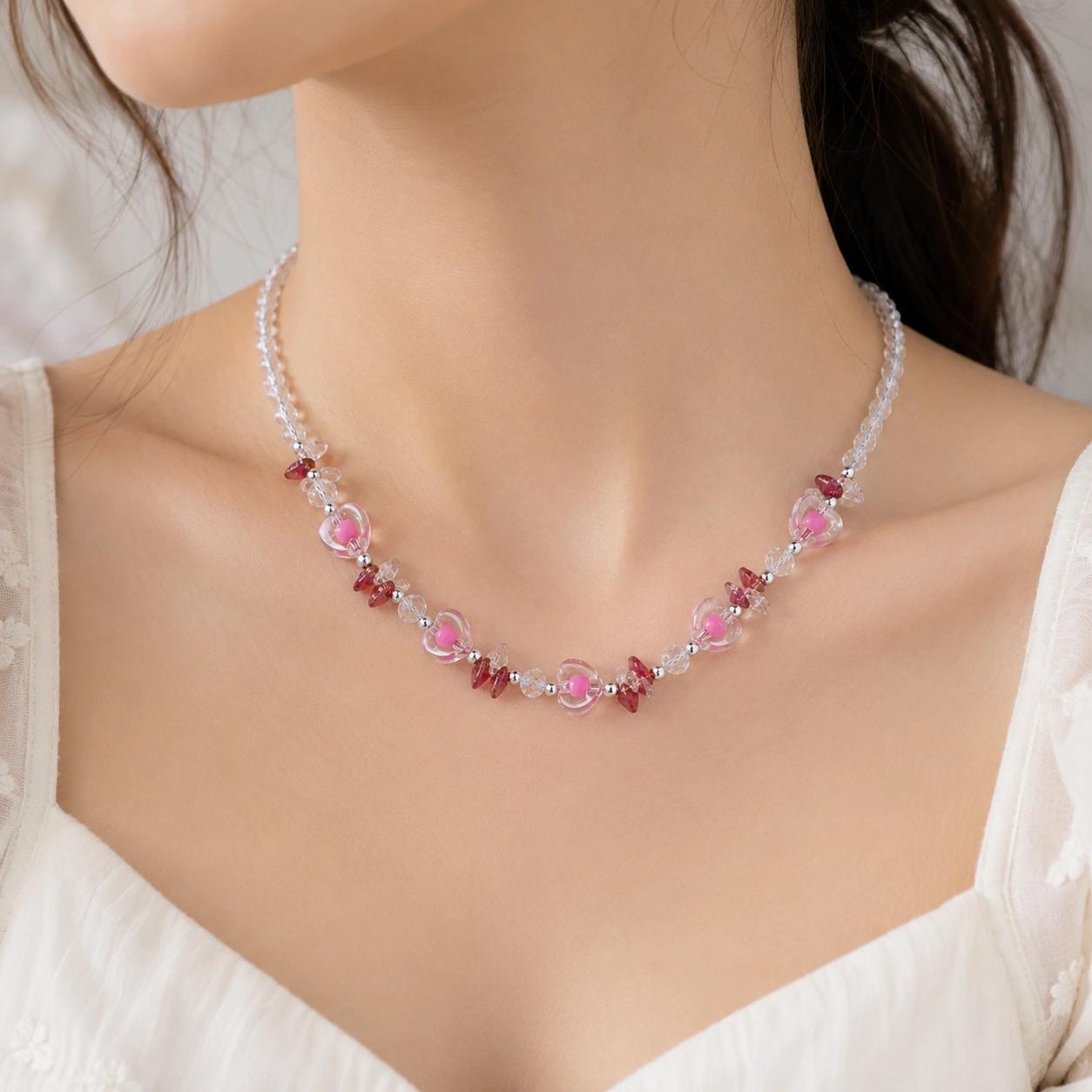 Celeste Pink Heart Crystal Beaded Necklace by Soni De Nakhre β alternate view