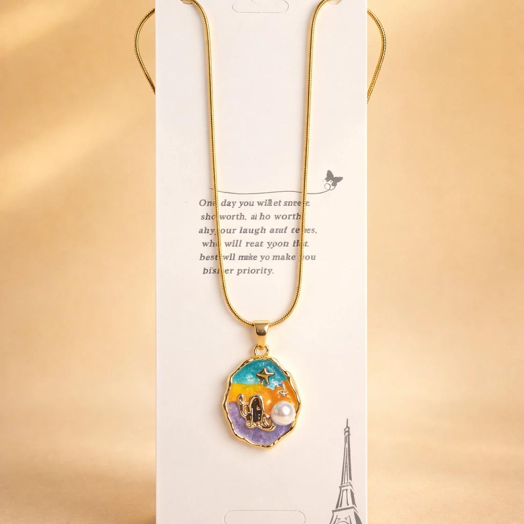 Celeste Rainbow Enamel Pearl Charm Necklace by Soni De Nakhre — alternate view