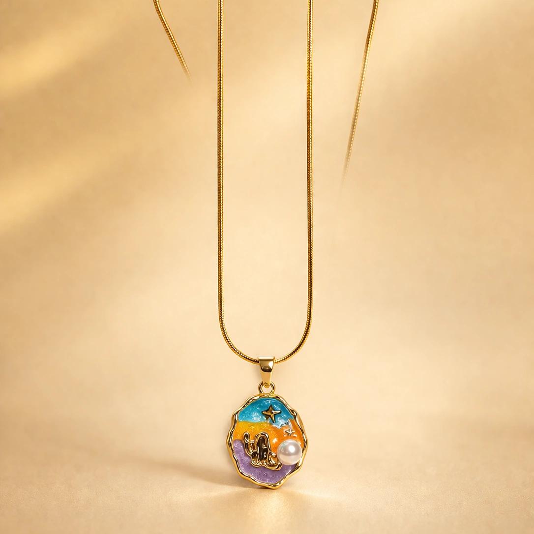 Celeste Rainbow Enamel Pearl Charm Necklace by Soni De Nakhre