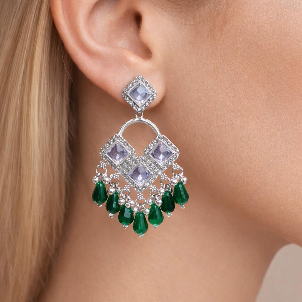 Celeste Traditional Green Crystal Drop Earrings by Soni De Nakhre β alternate view