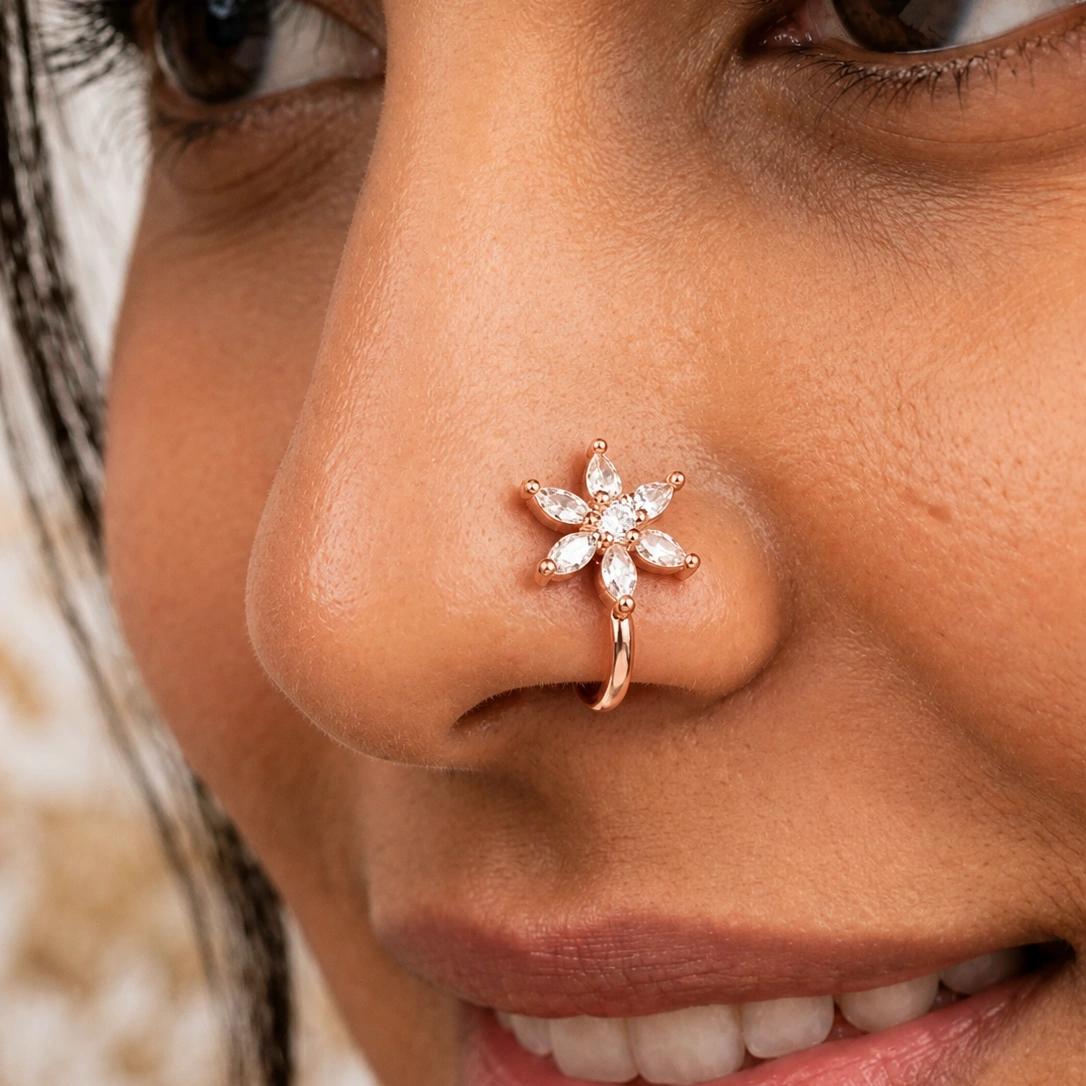 Celeste Floral Rose Gold Nose Pin by Soni De Nakhre — alternate view