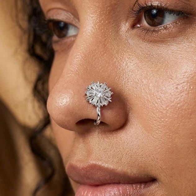 Celeste Radiant Floral Crystal Silver Tone Nose Pin by Soni De Nakhre — alternate view