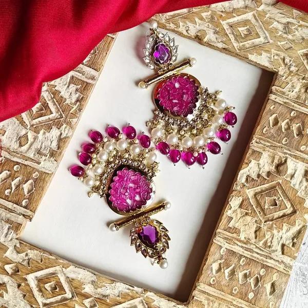 Regal Magenta Floral Pearl Drop Earrings by Soni De Nakhre β alternate view