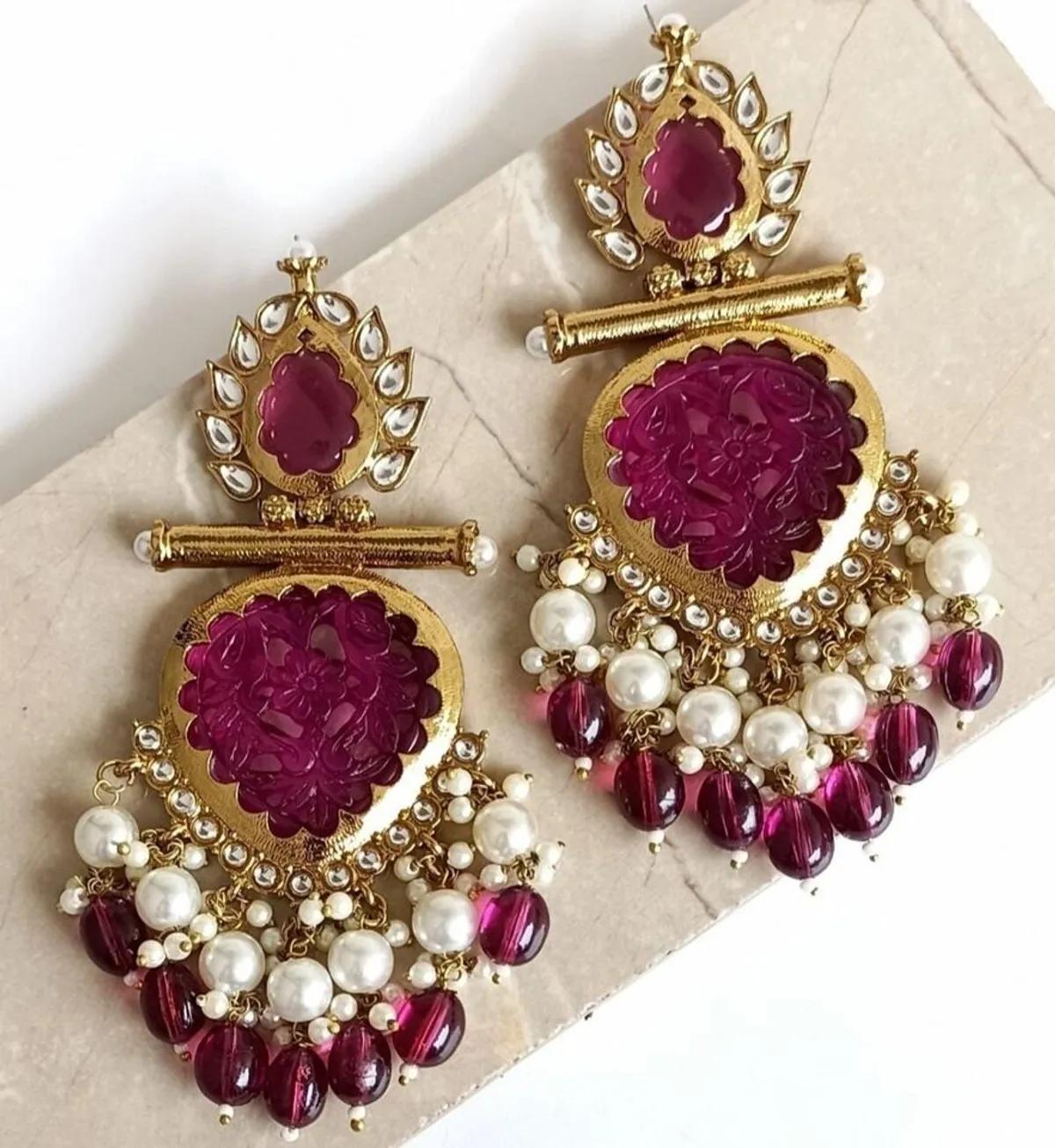 Regal Magenta Floral Pearl Drop Earrings thumbnail 4