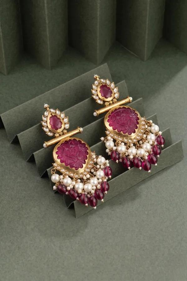Regal Magenta Floral Pearl Drop Earrings thumbnail 5