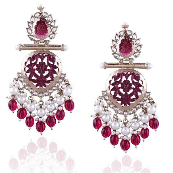 Regal Magenta Floral Pearl Drop Earrings by Soni De Nakhre