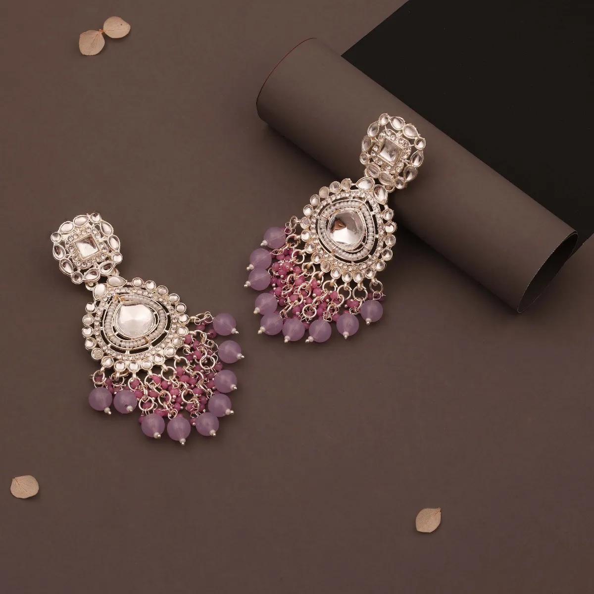 Silver-Tone Kundan Lilac Beaded Chandbali Earrings thumbnail 3