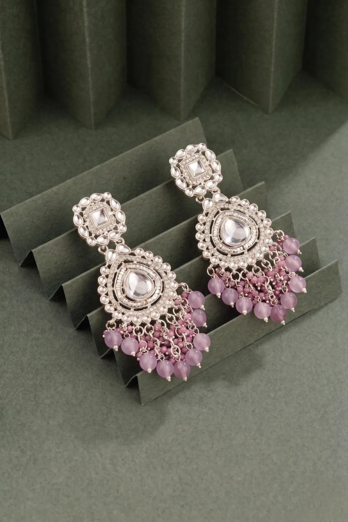 Silver-Tone Kundan Lilac Beaded Chandbali Earrings by Soni De Nakhre — alternate view