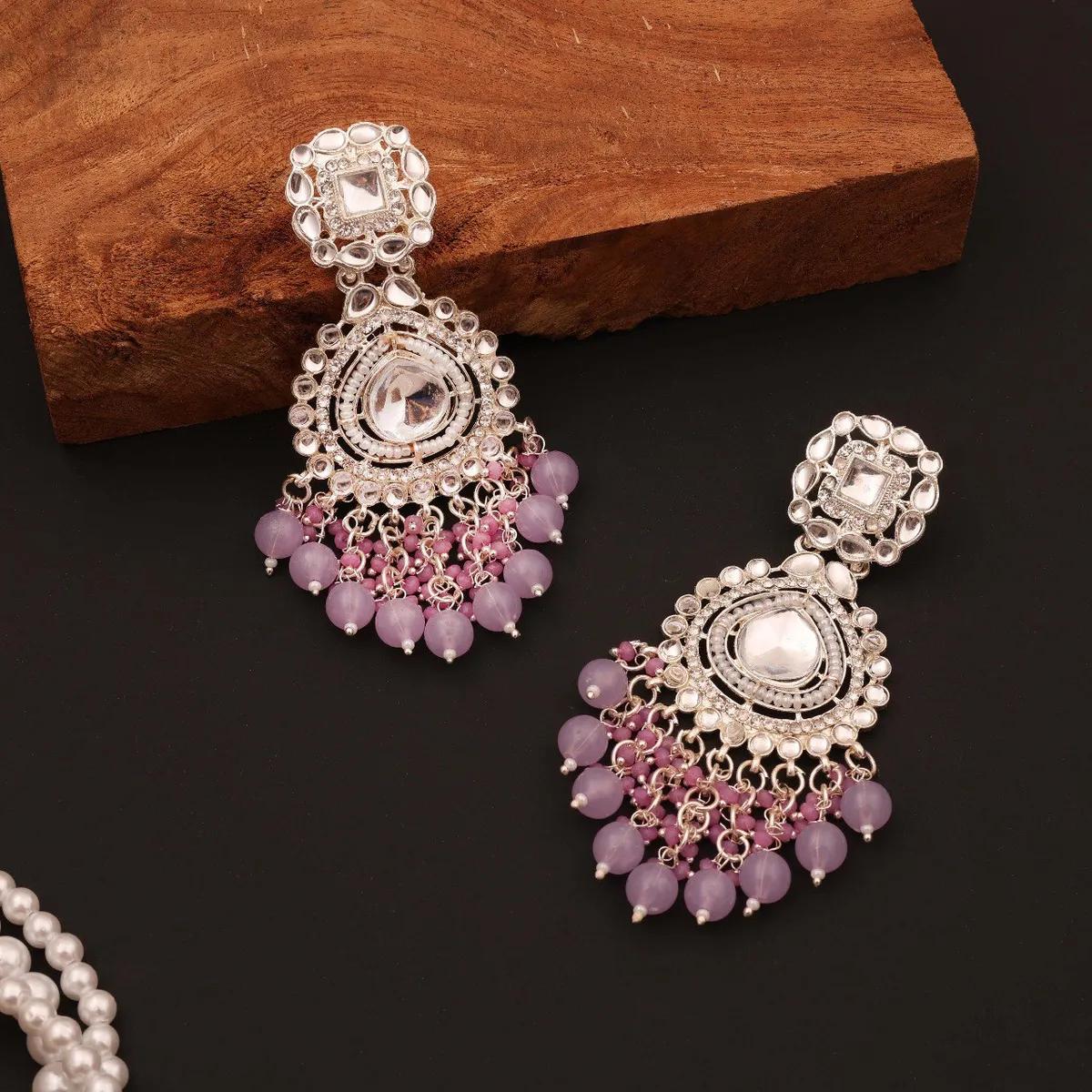 Silver-Tone Kundan Lilac Beaded Chandbali Earrings thumbnail 5