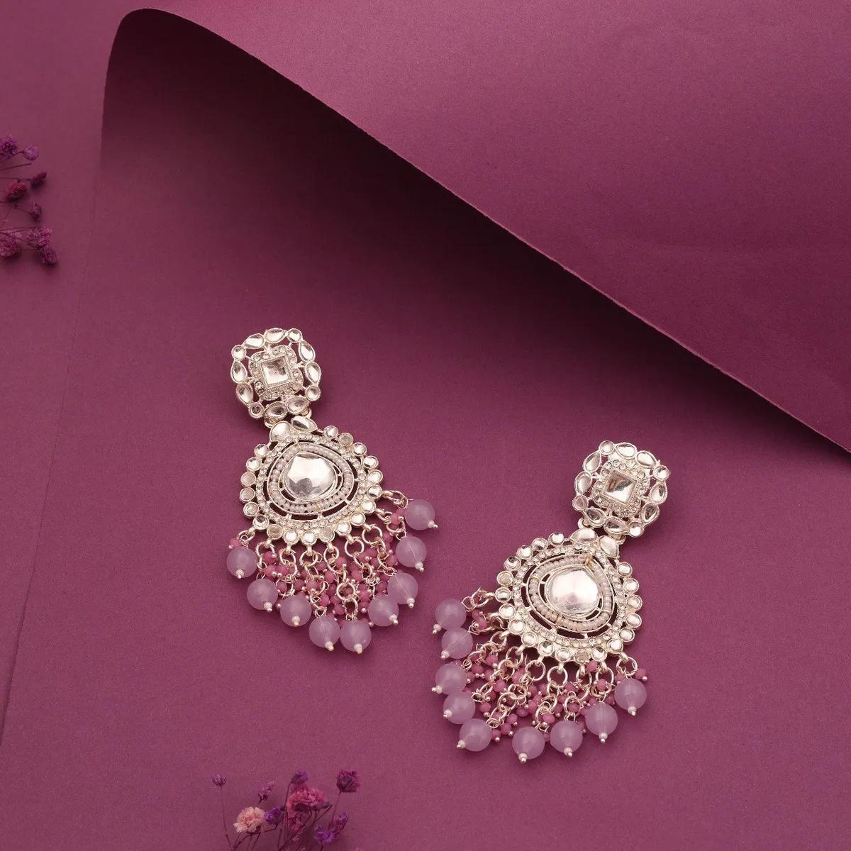 Silver-Tone Kundan Lilac Beaded Chandbali Earrings thumbnail 4