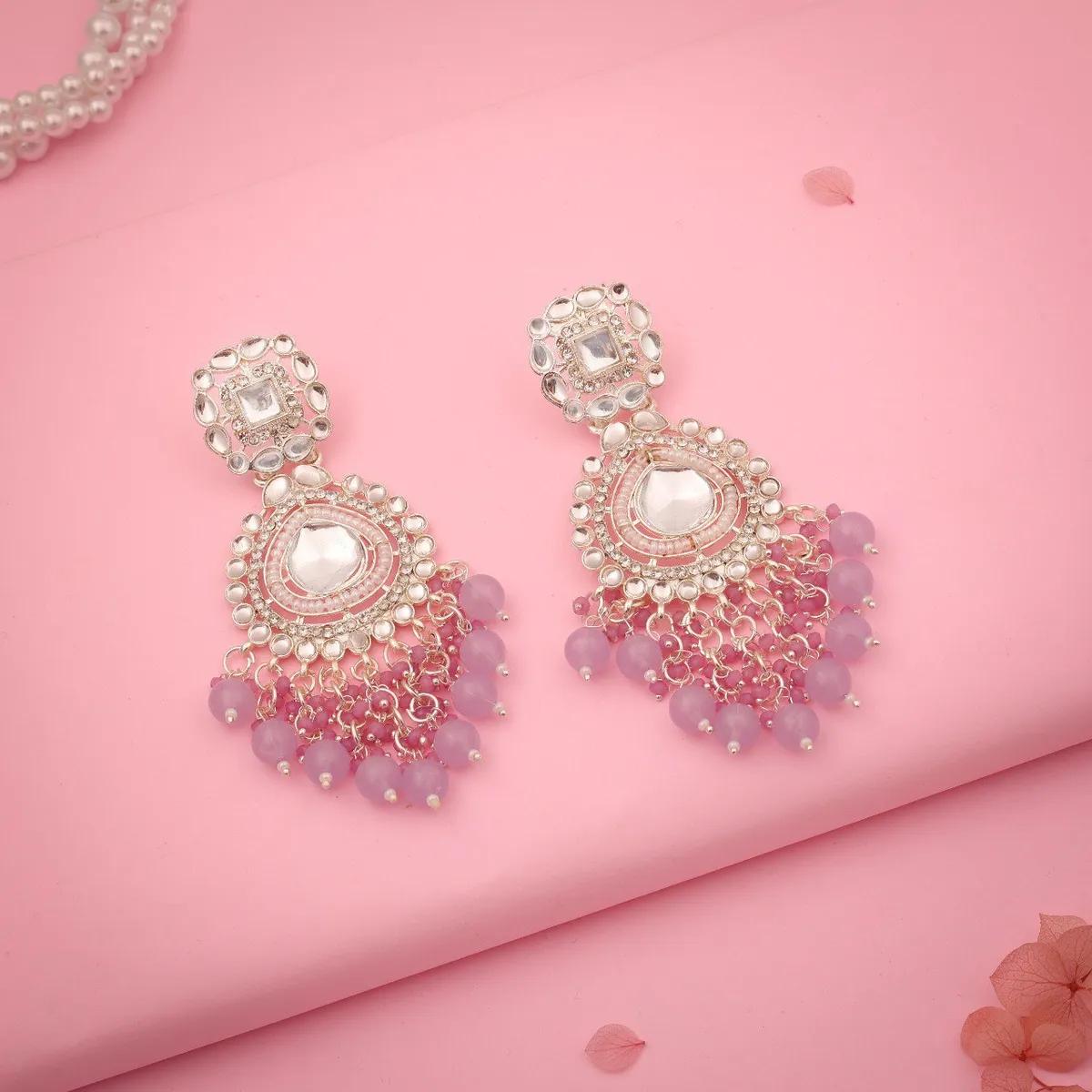 Silver-Tone Kundan Lilac Beaded Chandbali Earrings by Soni De Nakhre