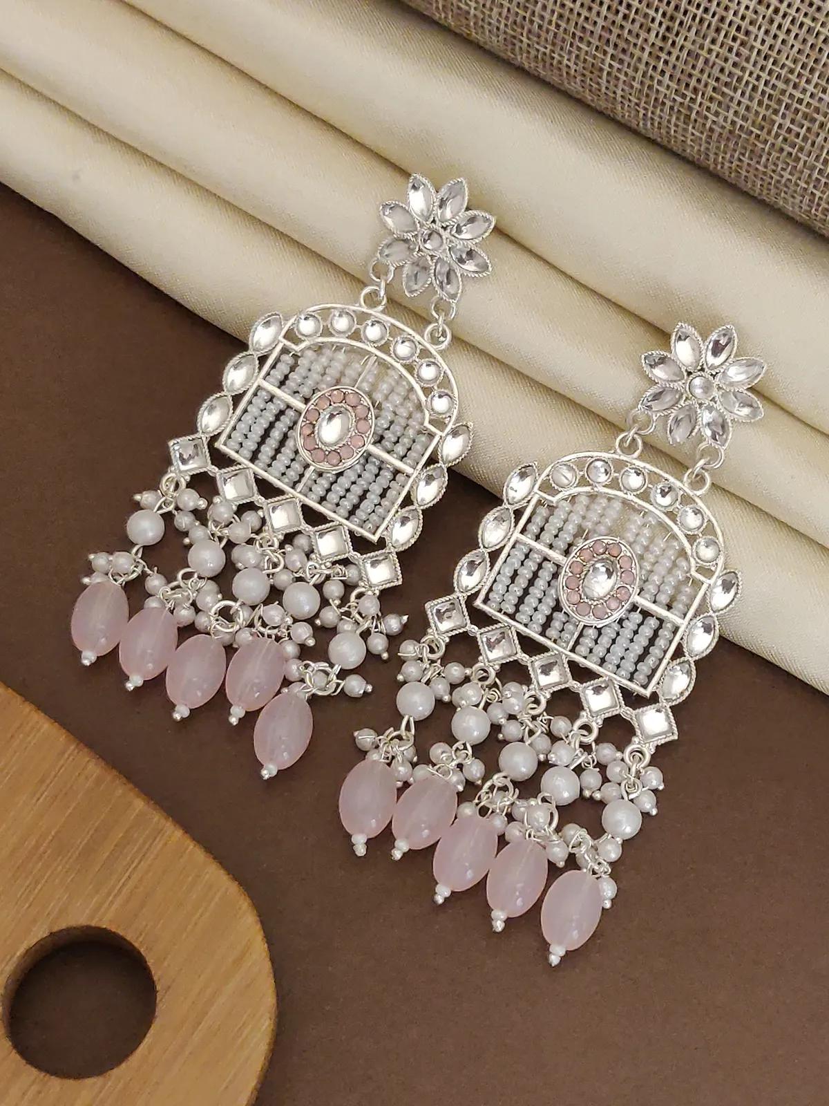 Silver-Tone Kundan Pearl & Blush Pink Beaded Statement Earrings by Soni De Nakhre