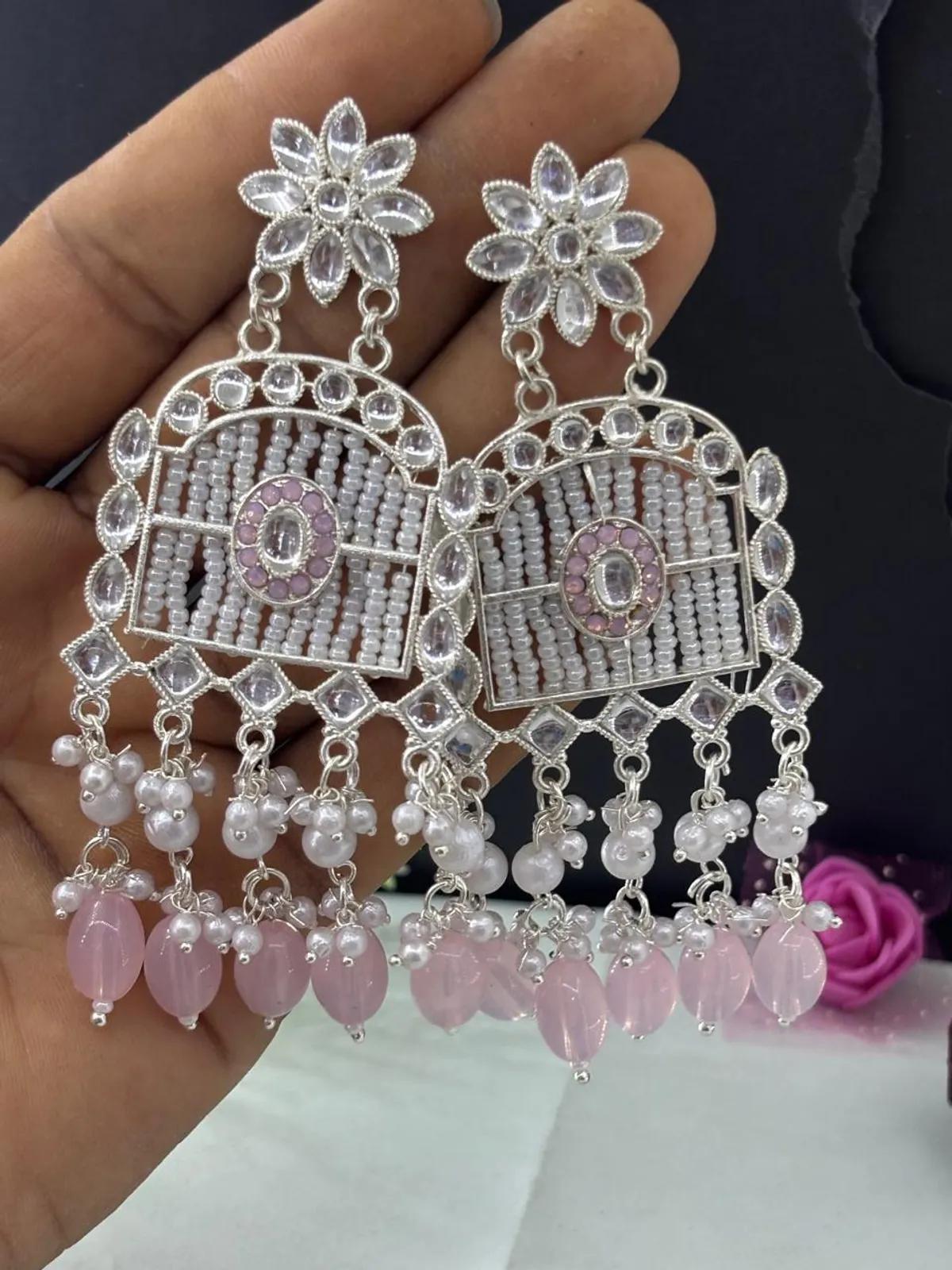 Silver-Tone Kundan Pearl & Blush Pink Beaded Statement Earrings by Soni De Nakhre — alternate view
